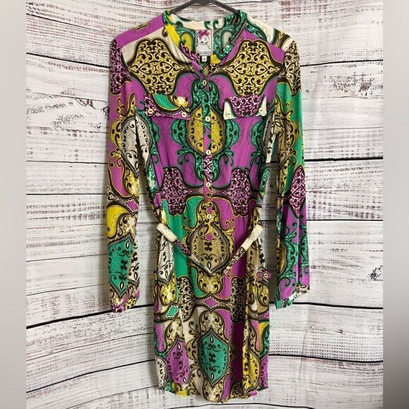 Yoana Baraschi Dress Womens Size 4 Silk Paisley satin Belted Button up Mini - Picture 3 of 14